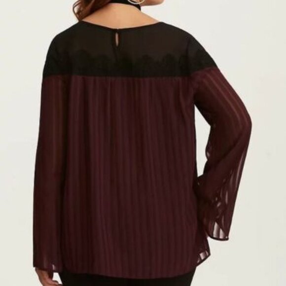 Torrid Burgundy Stripe Lace Bell Sleeve Chiffon Blouse 3X - Picture 3 of 16